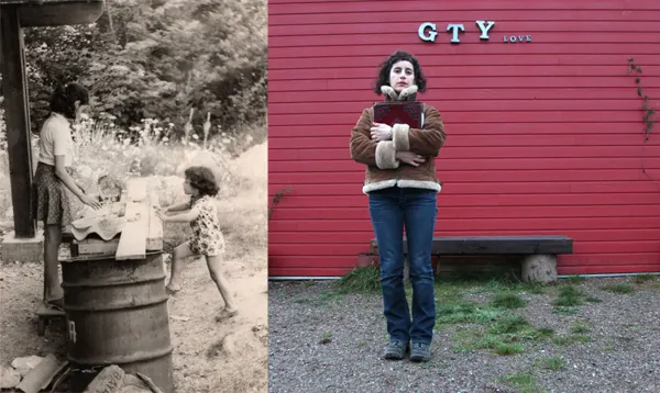 ET SI ON ETAIT TOUJOURS EN ETE...
Est-ce que tu crois que c'est par hasard que tu vis maintenant dans une maison en bois ? Ce n'est pas par hasard que tu as associé ces deux clichés. Je reconnais l'habitude des sabots même si tu ne les portes pas cette fois. Est-ce que c'est pour ça que tu serres l'album plus fort contre toi ? Il me semble que si j'étais toi, je l'adorerais la photo de gauche, tellement vivante. A droite, l'amour est revendiqué par écrit, c'est encore le bois qui l'abrite et le protège. Je ne suis pas du tout satisfaite de ce que je suis en train d'écrire. Je crois que ce que je veux dire, c'est que la photo de gauche respire l'amour, la liberté au grand air, un côté « petite maison dans la prairie ». J'ai la sensation du moment, doux et fugitif et ça me touche. Et comme toujours, il y a la mise en parallèle à droite, et comme je me le suis déjà dit, sans encore l'écrire, à droite, c'est toujours l'hiver. Du coup, quand c'est l'été à gauche, l'image de droite fait mal !