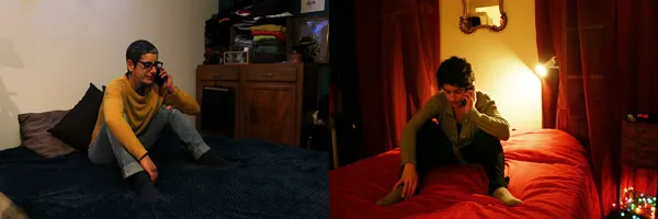 Elle téléphone au lit. Elle téléphone au lit. Je ne sais pas à qui. Elle parle dans sa chambre rouge. Je l'imite amusée. Fallait-il être déjà si habitée pour se photographier obsessionnellement en toute situation de la vie ordinaire. Un autre temps, sous un autre toit.