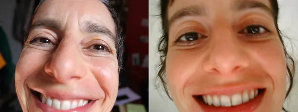 Le sourire en gros plan déformé. Ça fait du bien de la voir rire avec ses petits cheveux qui tournent autour.
Je l'imite amusée et me force donc à rire. C'est un bon exercice pour le moral il parait, la gymnastique du rire.