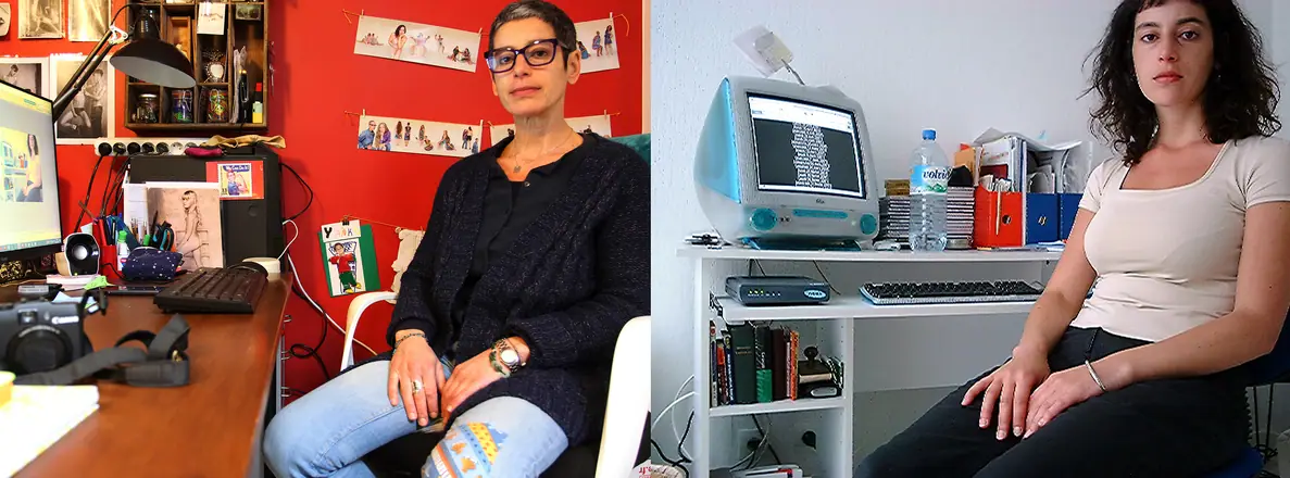Au bureau. Je l'imite amusée. Le premier ordi. Une obsession de travail intacte qui suit son chemin.