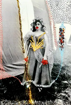 2022. Mes portraits au goût du jour. Paris, magicienne dans un cirque. 1998. Photocopie de photographie argentique. Intervention variée.